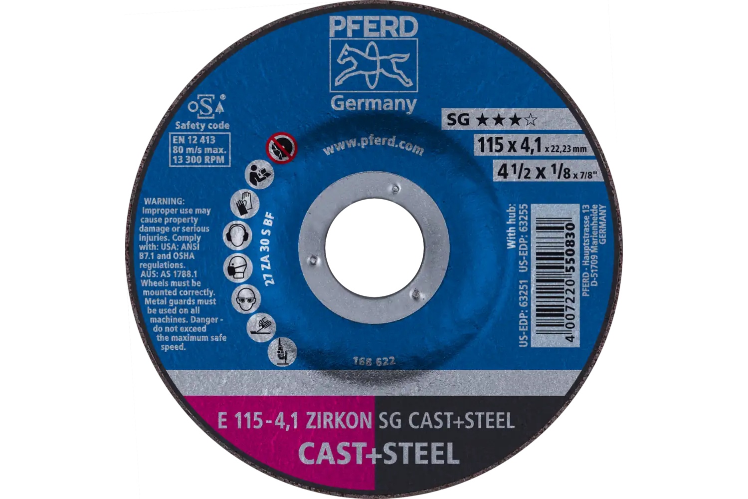 Picture of Pferd Grinding Wheel, 4-1/2" X 1/8 X 7/8, Zirkon Sg Cast+Steel, T27, Za, Ao